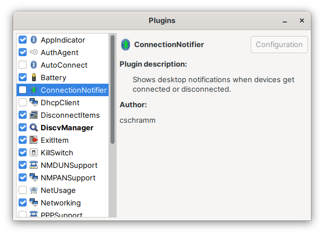 A screenshot of where to disable notifications in the Bluetooth Manager (Blueman) app