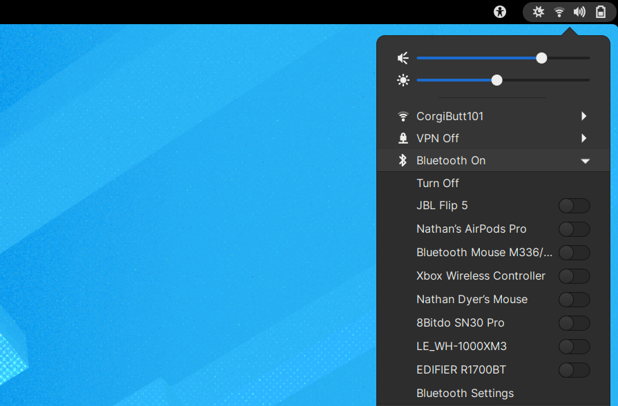 A screenshot of the Bluetooth Quick Connect extension, which lists out various paired Bluetooth devices