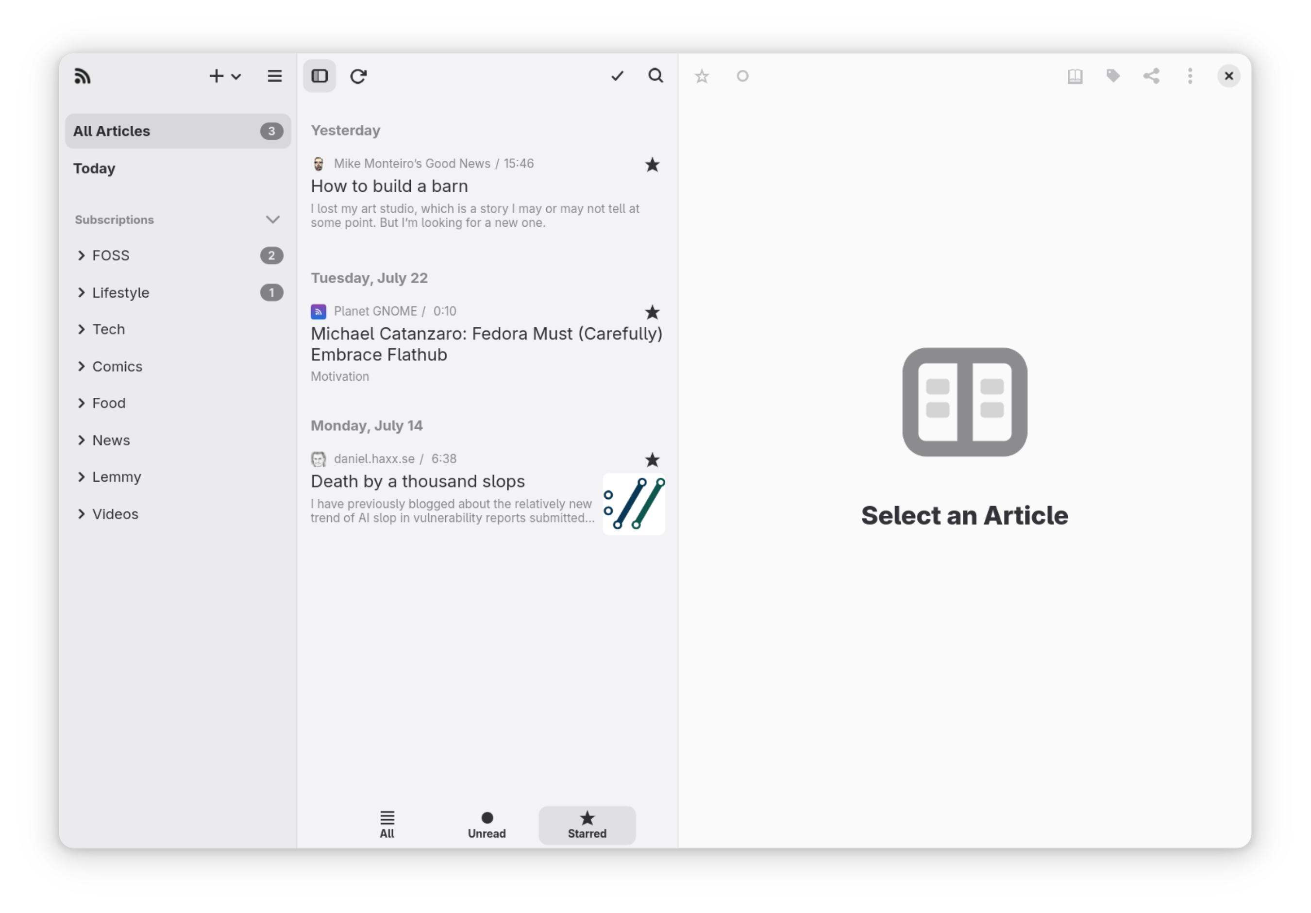 The NewsFlash RSS reading app, showing a small selection of starred articles