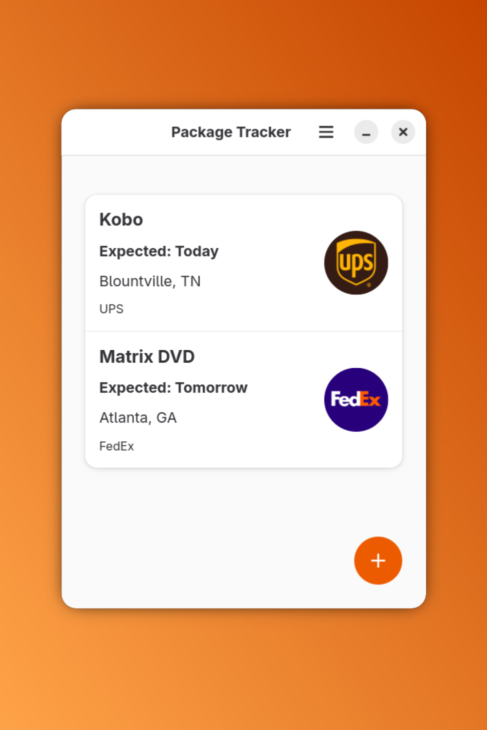 A screenshot of a work-in-progress tracking app, with two sample deliveries displayed in the middle featuring estimated delivery dates, a description, and the carrier name