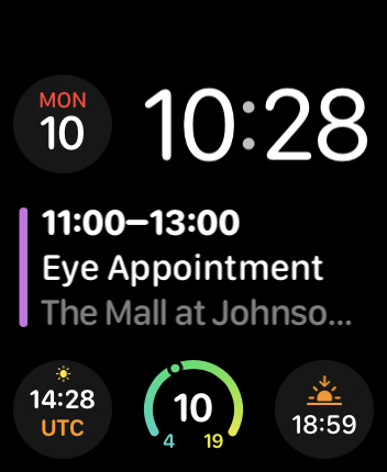 A screenshot showing a clock, the current date, my next appointment, a UTC clock, a thermometer, and a sunset countdown.